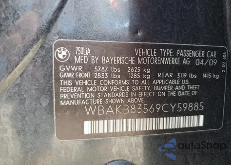 2009 BMW 750 Li из США, поврежденный, VIN WBAKB83569CY59885